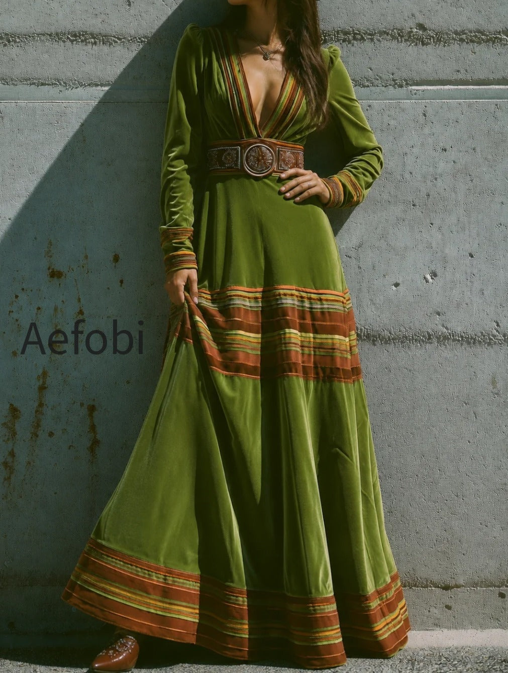 boho-olive-green-velvet-striped-hem-maxi-dress