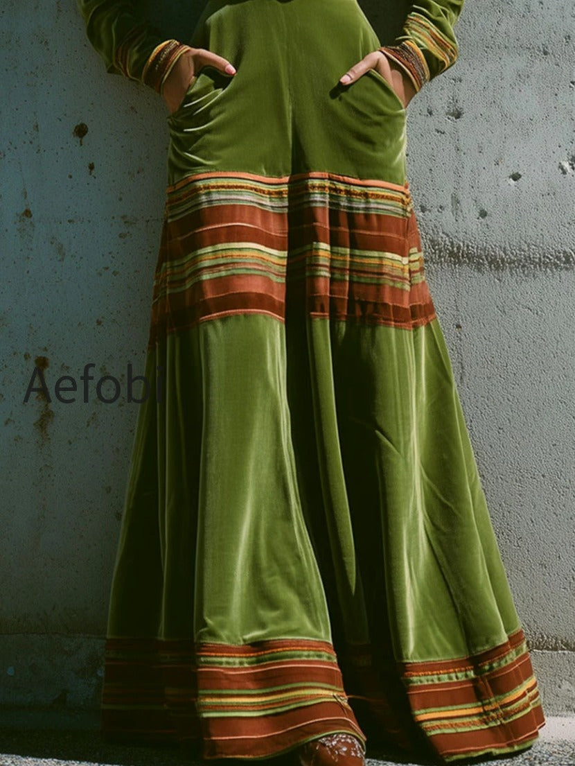 boho-olive-green-velvet-striped-hem-maxi-dress