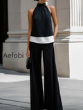 contrast-hem-halter-neck-blouse-wide-leg-pants-set