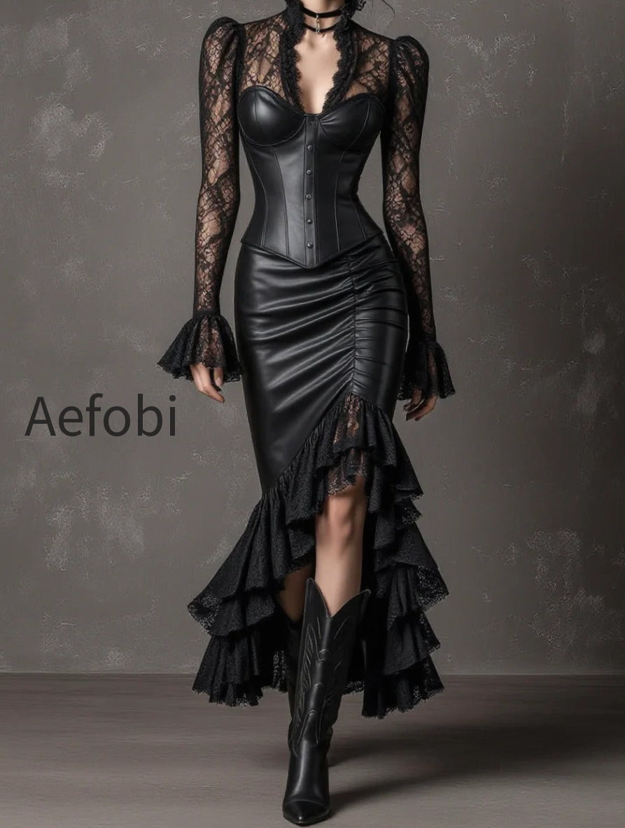 black-lace-spliced-leather-corset-asymmetric-mermaid-skirt-set