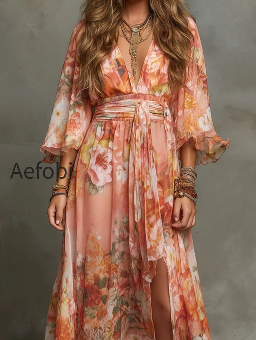 boho-peach-floral-chiffon-bell-sleeves-maxi-dress-with-tie-waist