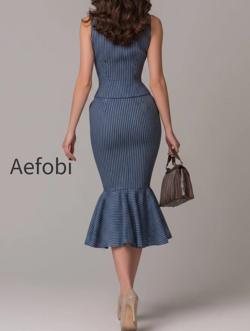 shirt-collar-striped-panel-vest-fishtail-skirt-set