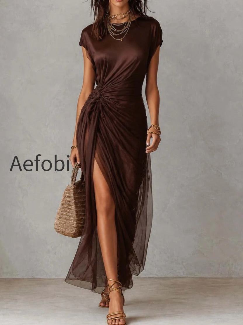vintage-coffee-satin-and-tencel-layered-ruched-wrap-split-midi-dress