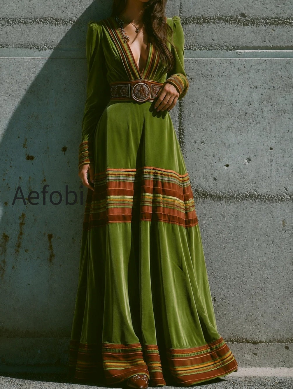 boho-olive-green-velvet-striped-hem-maxi-dress