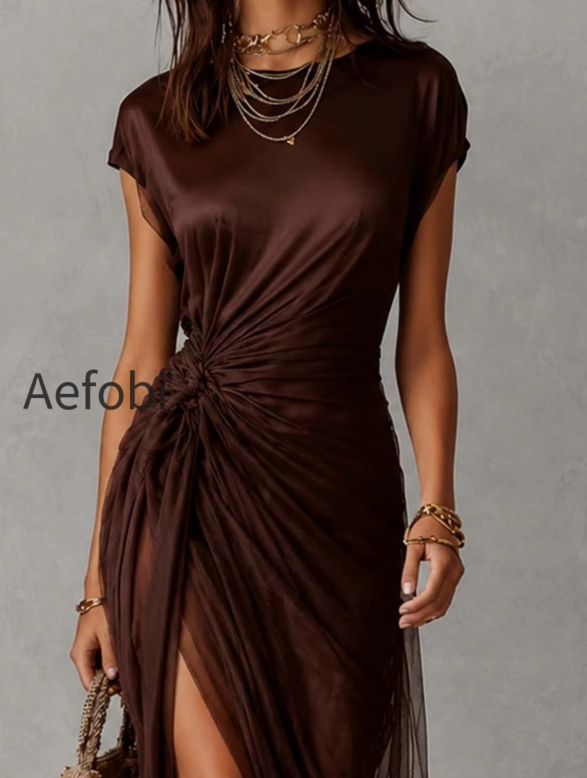 vintage-coffee-satin-and-tencel-layered-ruched-wrap-split-midi-dress