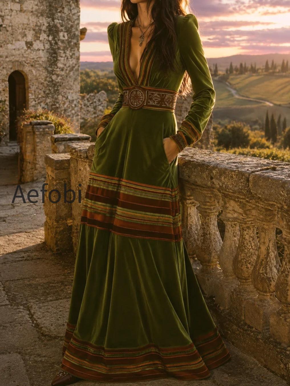 boho-olive-green-velvet-striped-hem-maxi-dress