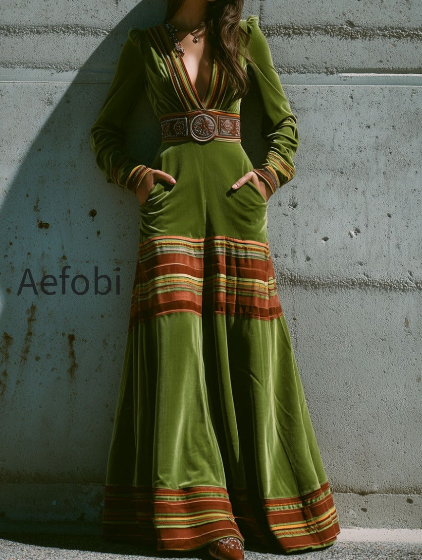 boho-olive-green-velvet-striped-hem-maxi-dress