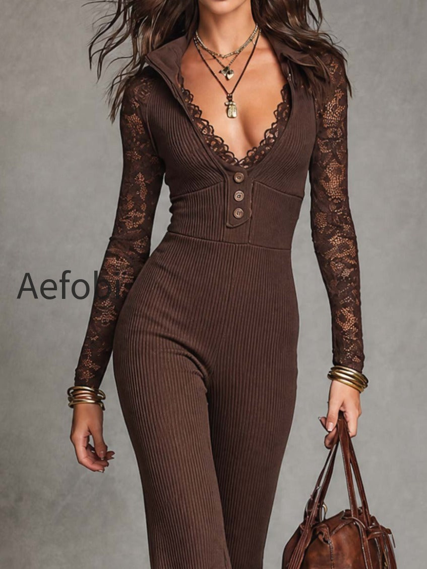 elegant-v-neck-lace-sleeve-ribbed-knit-flare-jumpsuit