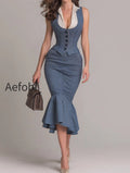 shirt-collar-striped-panel-vest-fishtail-skirt-set