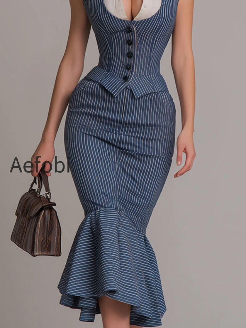 shirt-collar-striped-panel-vest-fishtail-skirt-set