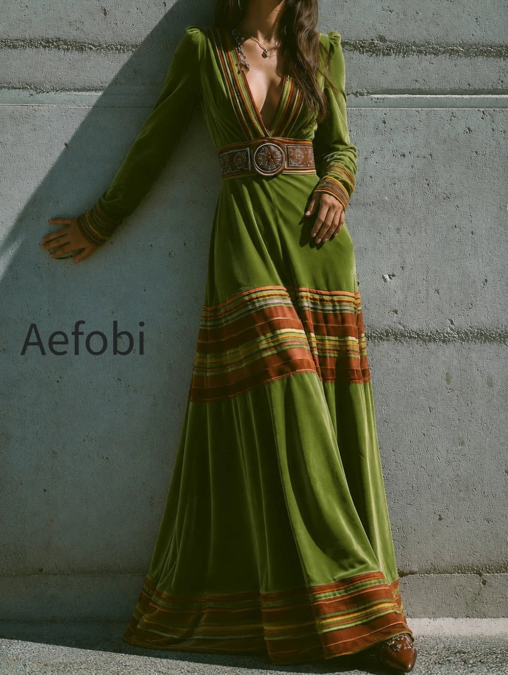 boho-olive-green-velvet-striped-hem-maxi-dress