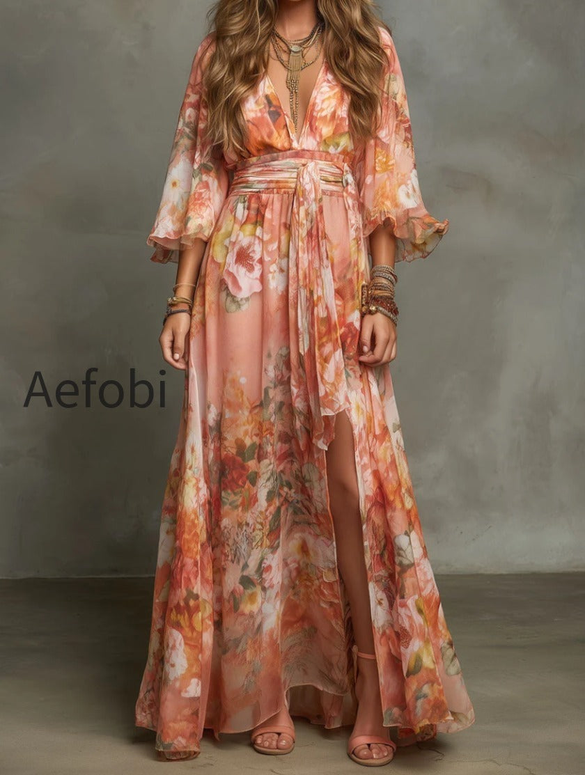 boho-peach-floral-chiffon-bell-sleeves-maxi-dress-with-tie-waist
